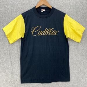 Vintage Cadillac Shirt Mens Large Navy Blue Yellow Teammates Short Sleeve Tee